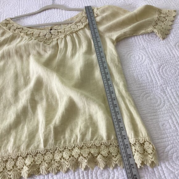Piazza Roma 100% Linen Blouse Tunic Shirt Size M Buttery Yellow W/ Lace Details - Picture 13 of 13
